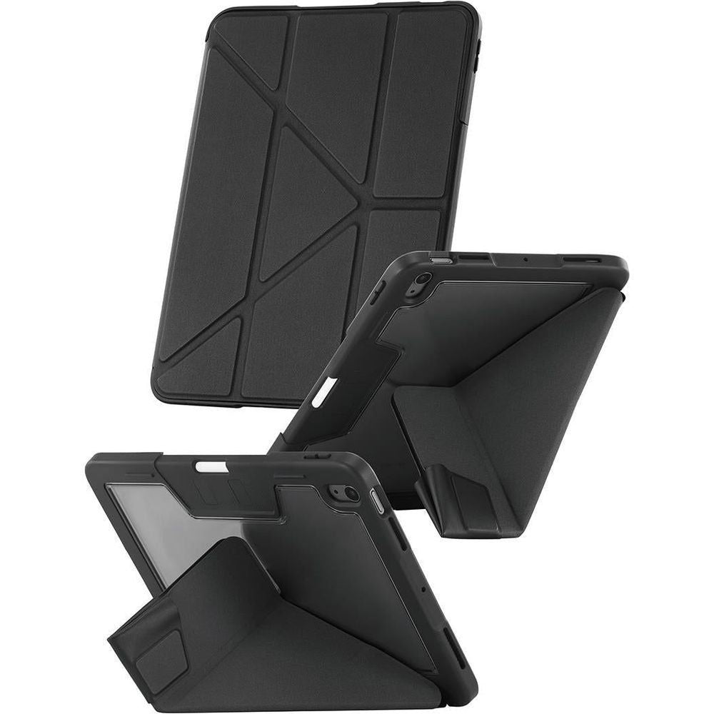 Black folio case with geometric pattern and front cover on iPad Air