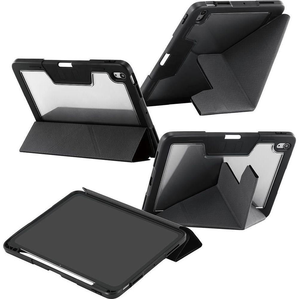 Black iPad folio case shown in multiple viewing angles with kickstand