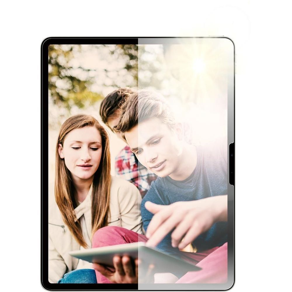 Anti-reflective iPad screen protector on a black tablet front, clear glass surface