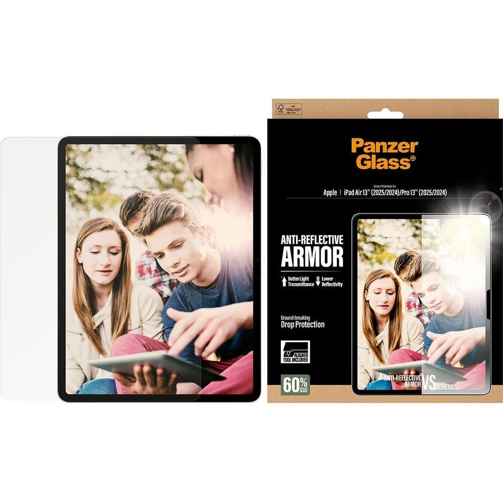 PanzerGlass anti-reflective screen protector set with box and tablet screen view