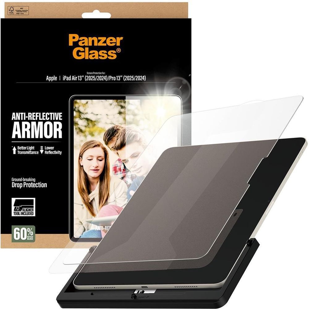 Anti-reflective iPad screen protector glass sheet over a tablet, angled front view