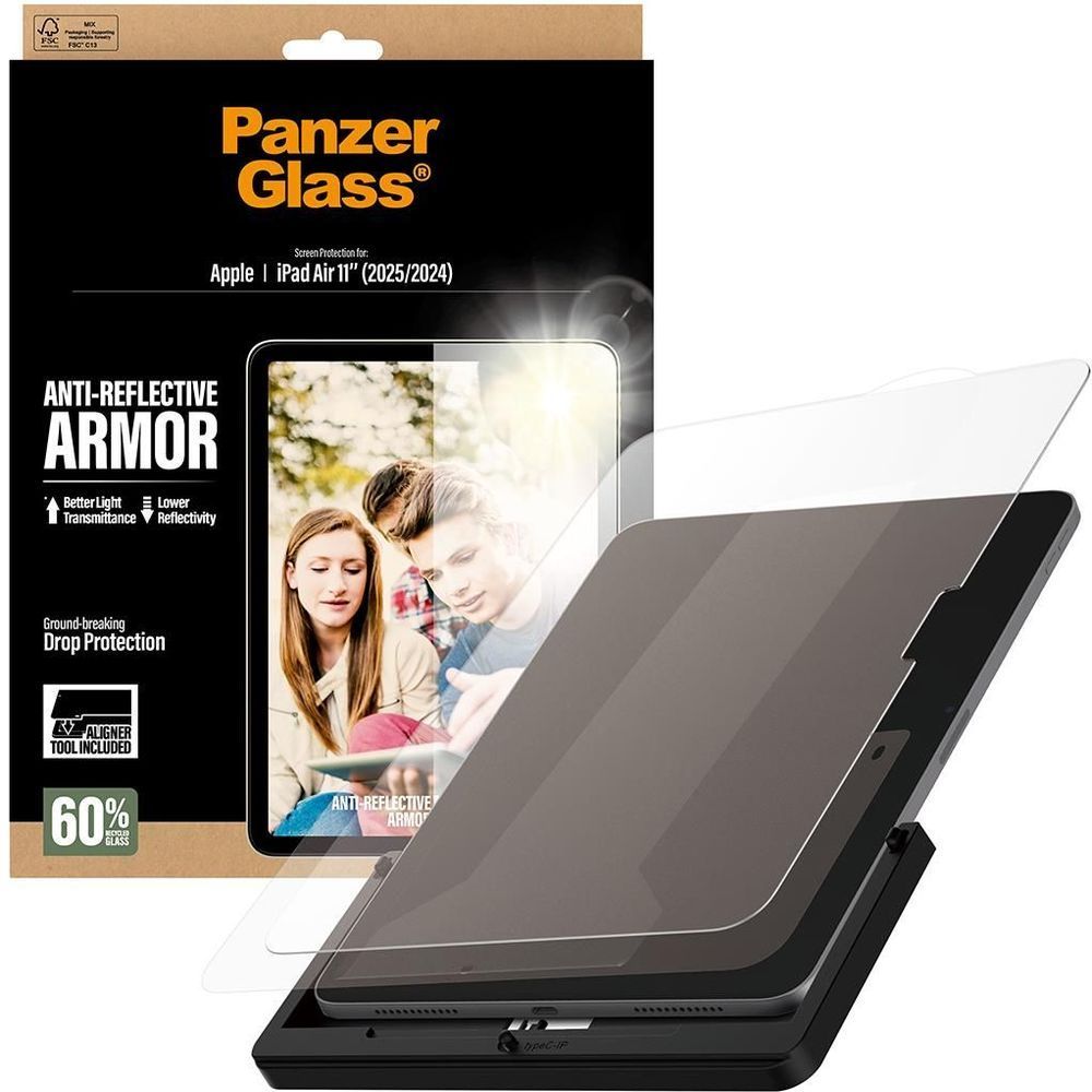 Anti-reflective screen protector film on dark iPad Air 11in, front glass panel