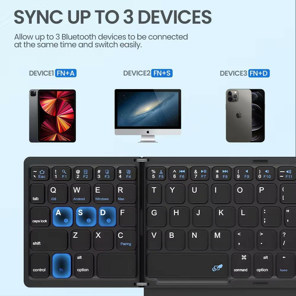 Portable Quadruple Folding Wireless Bluetooth Keyboard with Integrated Touchpad for Tablets and Smartphones