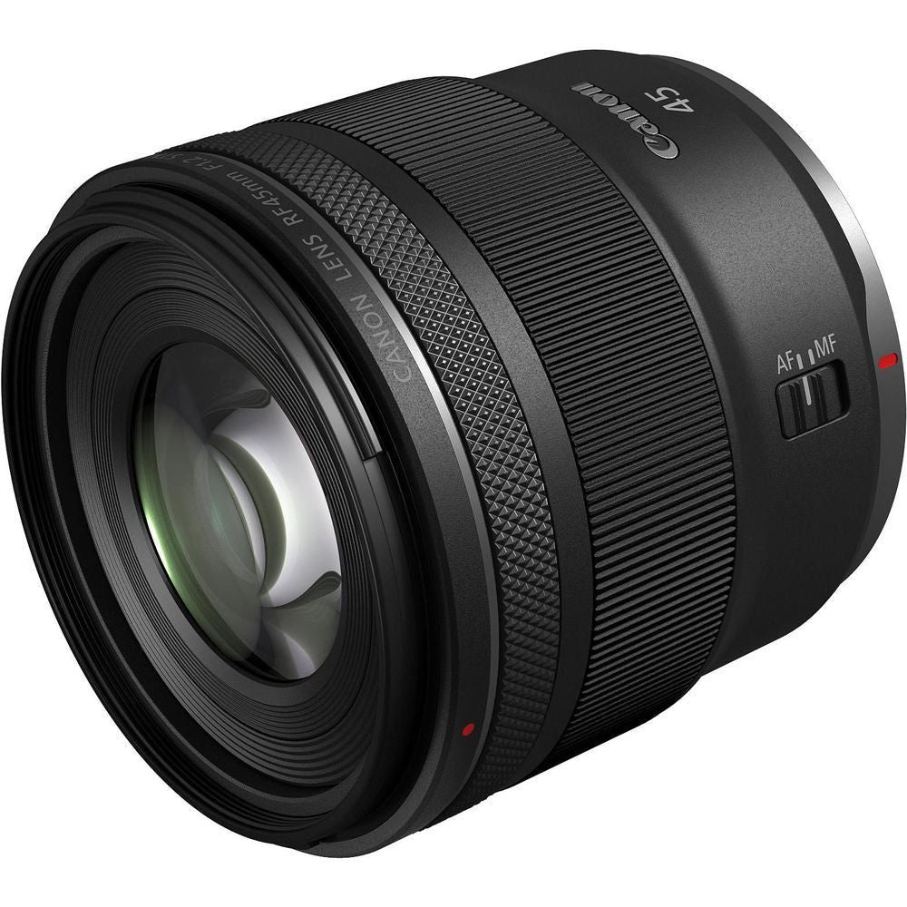 Canon RF 45mm f/1.2 STM camera lens with textured focus ring and front glass