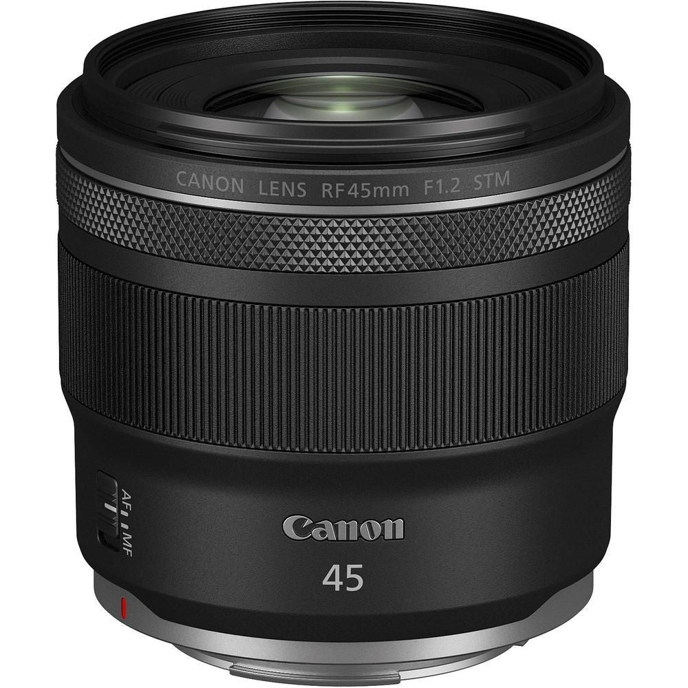 Canon RF 45mm f/1.2 STM camera lens, front view with Canon badge and focus ring