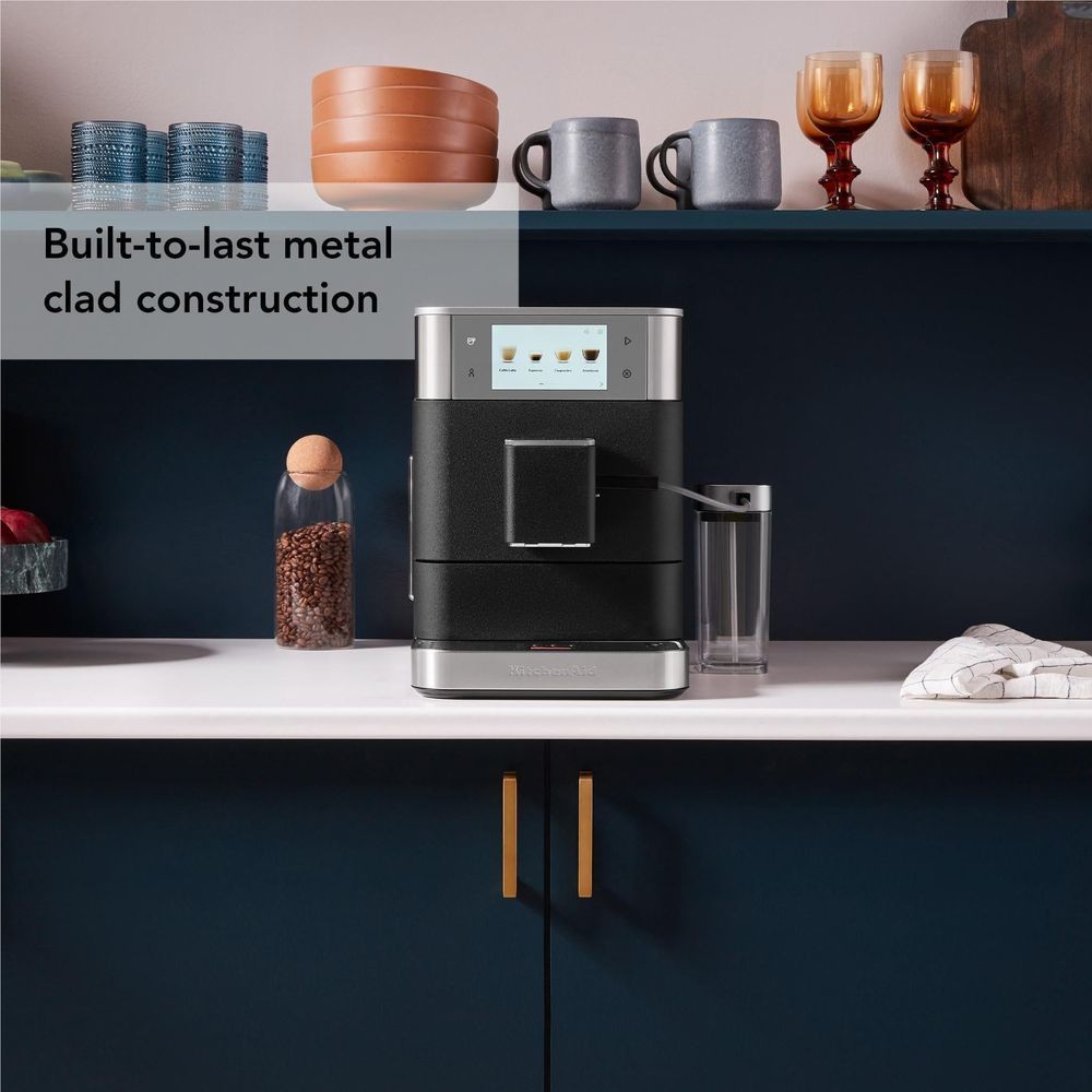 KitchenAid fully automatic espresso machine, front display with milk nozzle