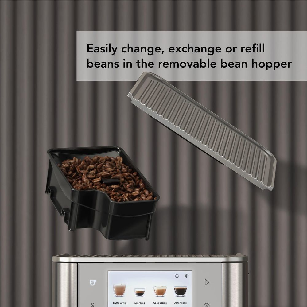 KitchenAid espresso machine with removable bean hopper open, showing coffee beans