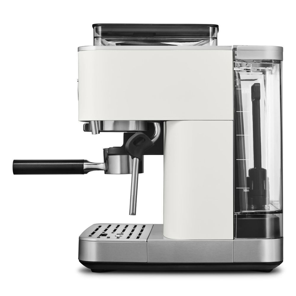 Porcelain espresso machine with grinder, side view, steam wand and drip tray