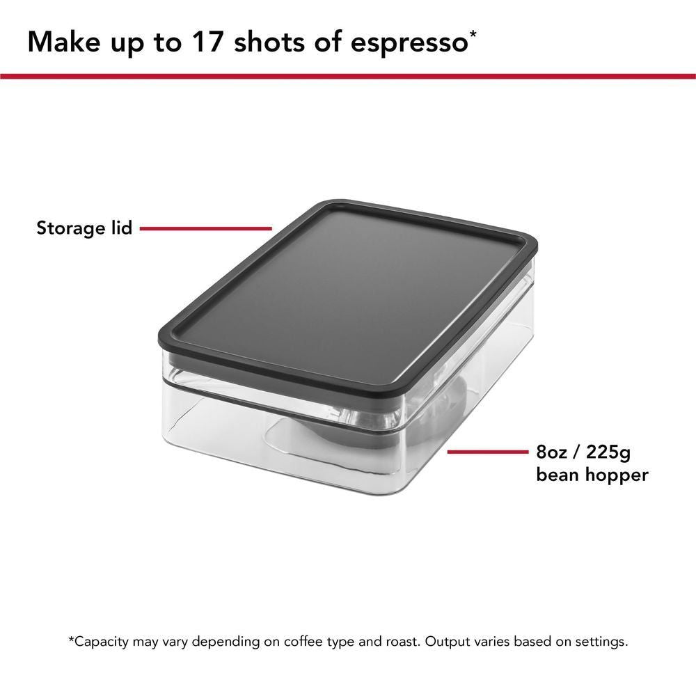 Removable bean hopper with black storage lid and clear container