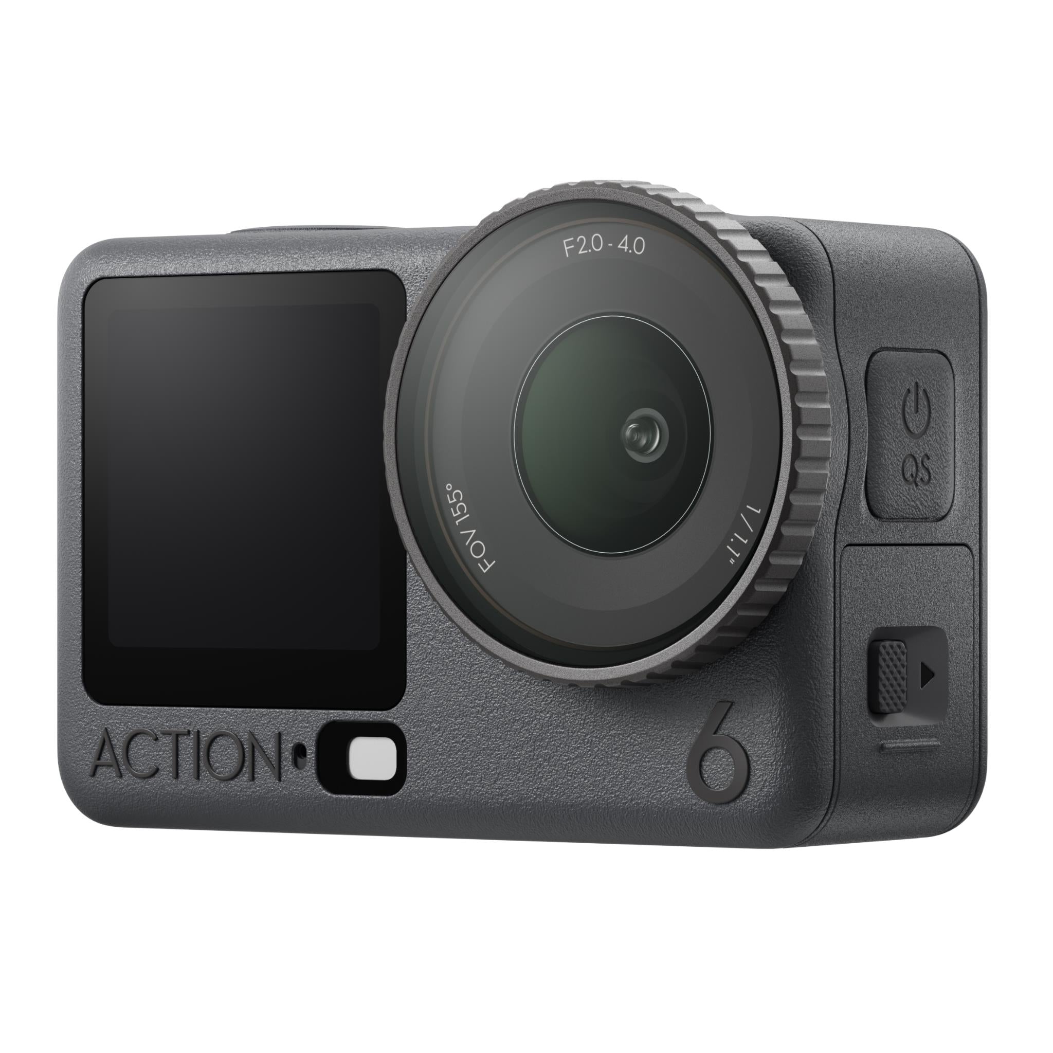 DJI action camera front view with lens and side control buttons