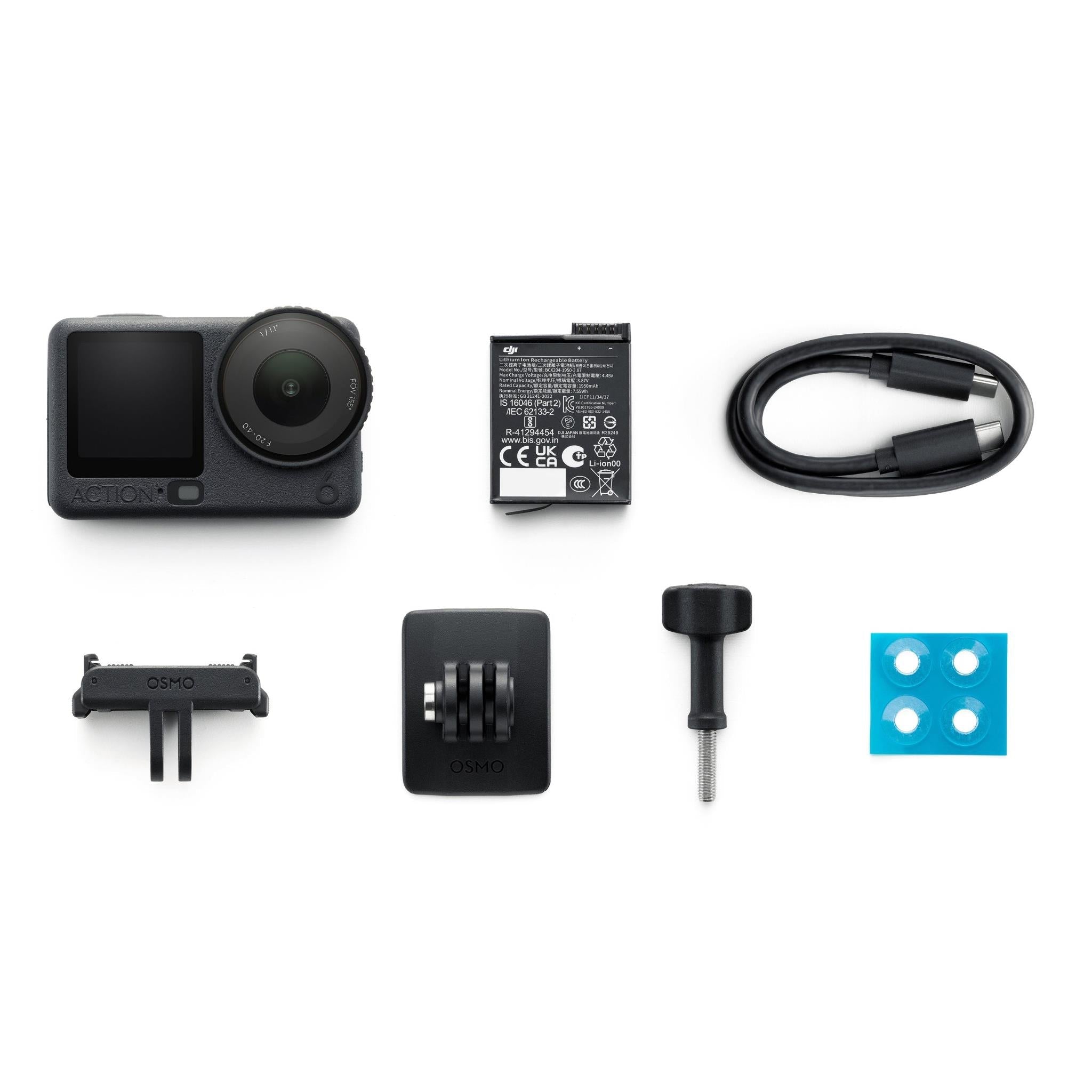 Action cam kit with camera, battery, USB cable, mounting bracket, screws and base