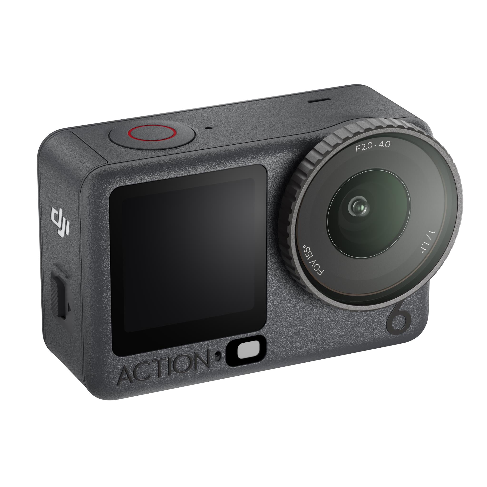 DJI action camera angled side view with lens and red-ring shutter button
