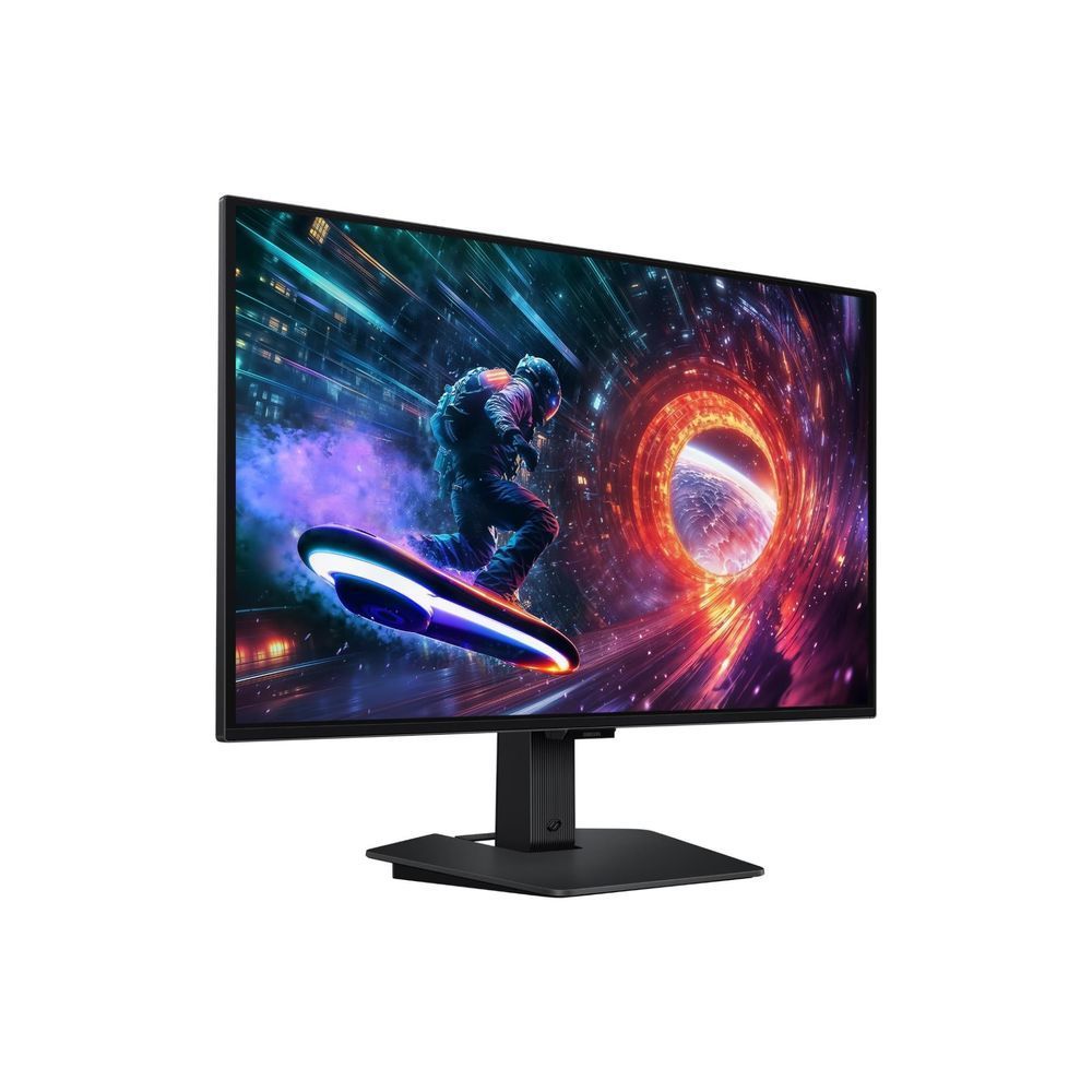 Samsung Odyssey G5 OLED gaming monitor, 3/4 view with vivid game graphics and base