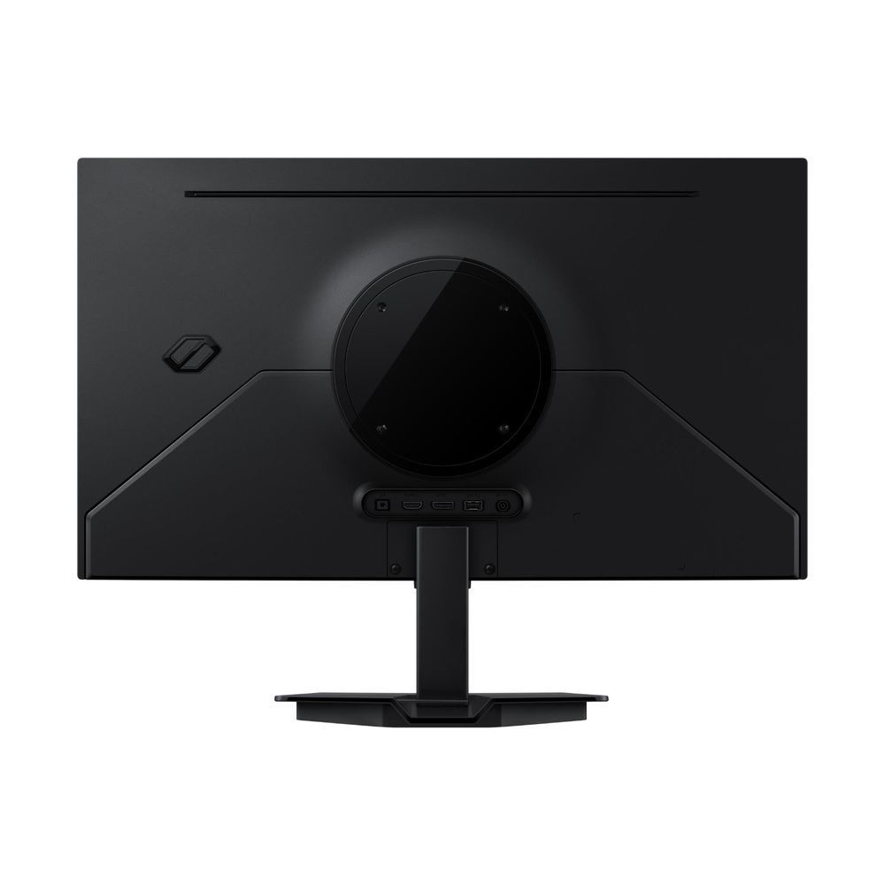 Samsung Odyssey G5 OLED gaming monitor back view with circular stand mount and stand
