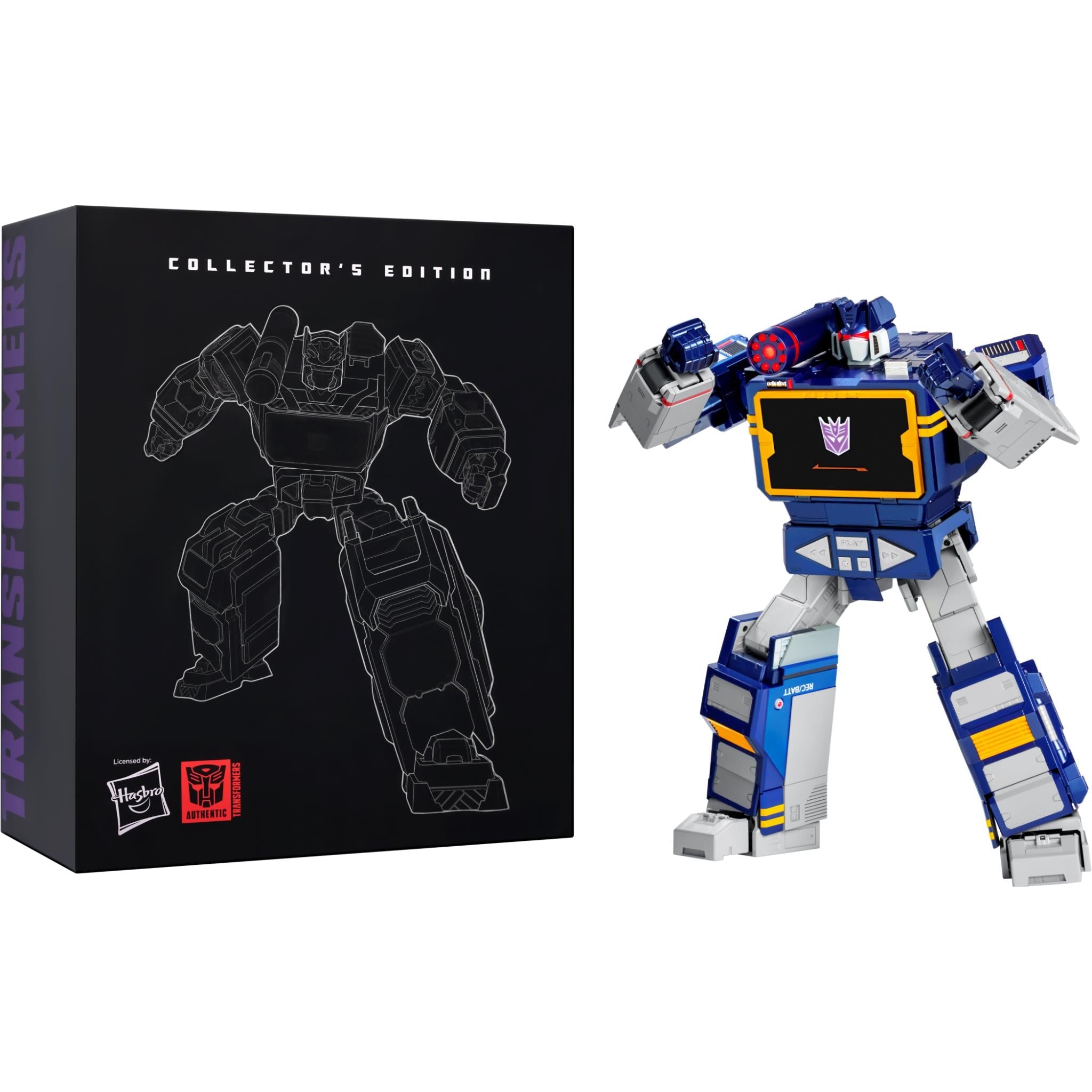 Robosen Transformers Soundwave robot Bluetooth speaker with Collector's Edition box, blue and white