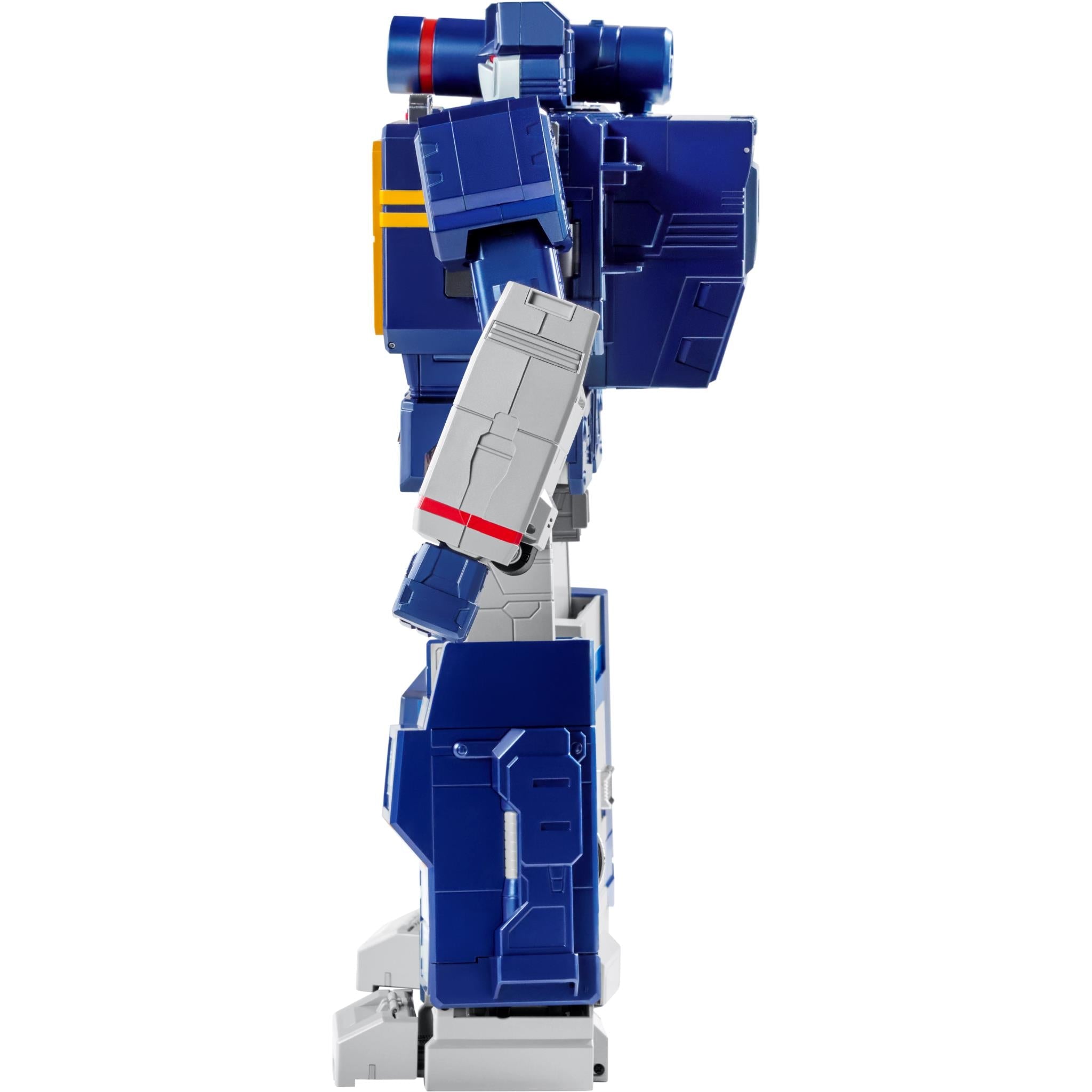 Robosen Transformers Soundwave robot Bluetooth speaker, angled side view with blue and white body