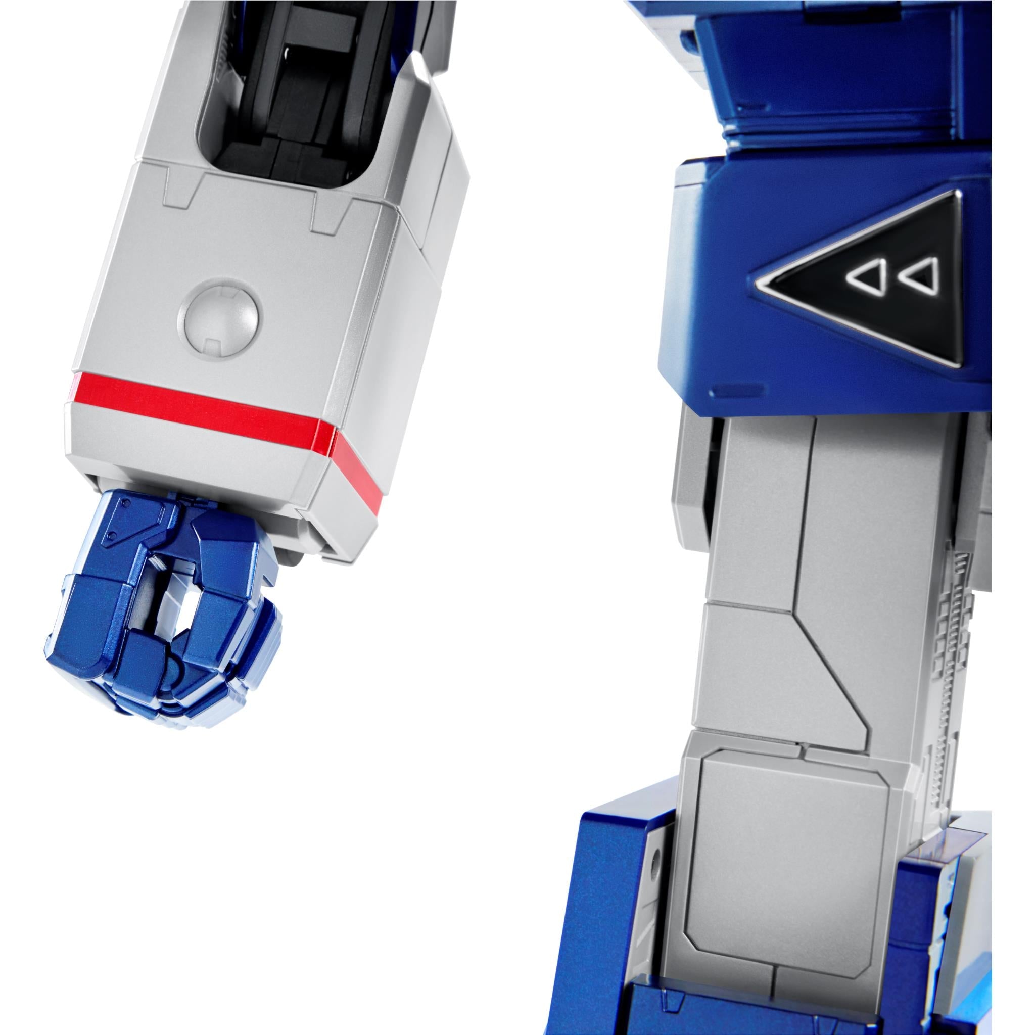 Robosen Transformers Soundwave robot Bluetooth speaker, close-up of blue and white arms and torso
