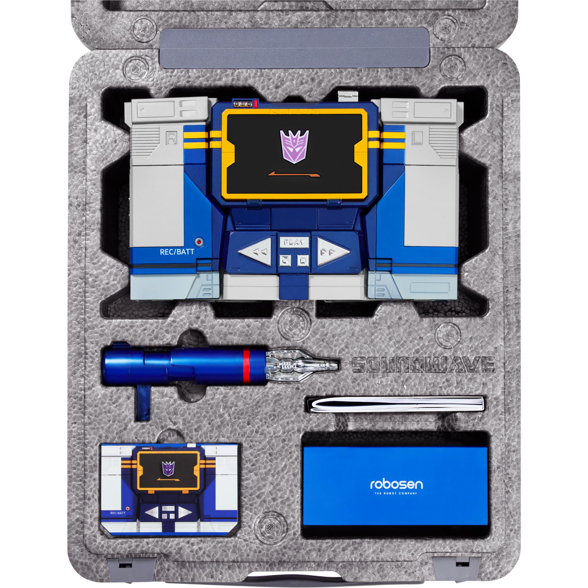 Robosen Transformers Soundwave Bluetooth speaker robot kit in gray case with accessories