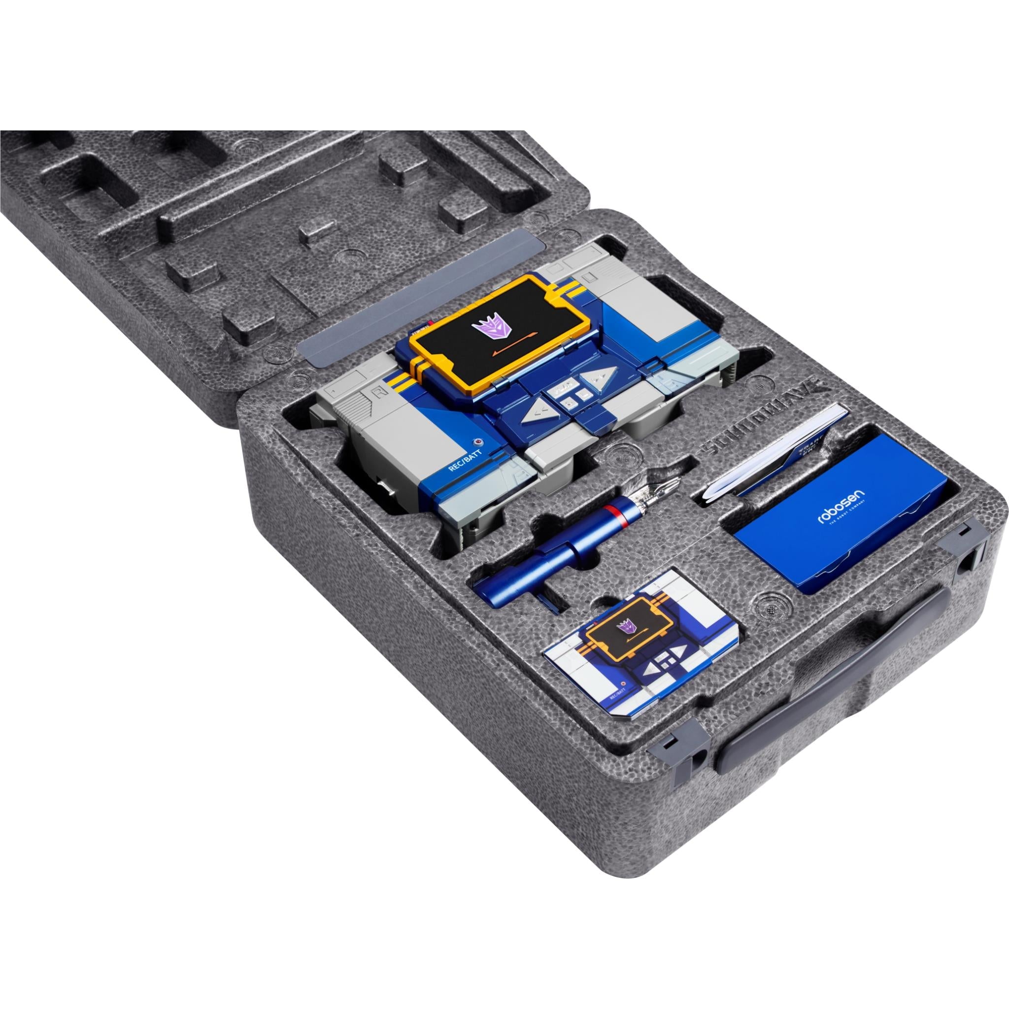 Robosen Transformers Soundwave kit in gray foam case with robot parts, tools, and storage