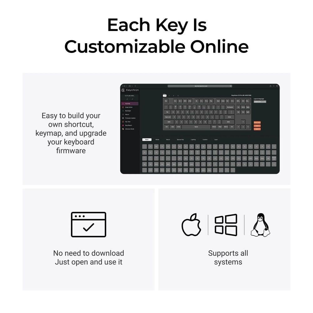 Mechanical keyboard with RGB backlight and on-screen key customization layout