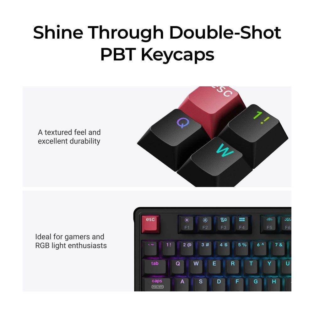 Black double-shot PBT keycaps with colorful legends for RGB backlighting