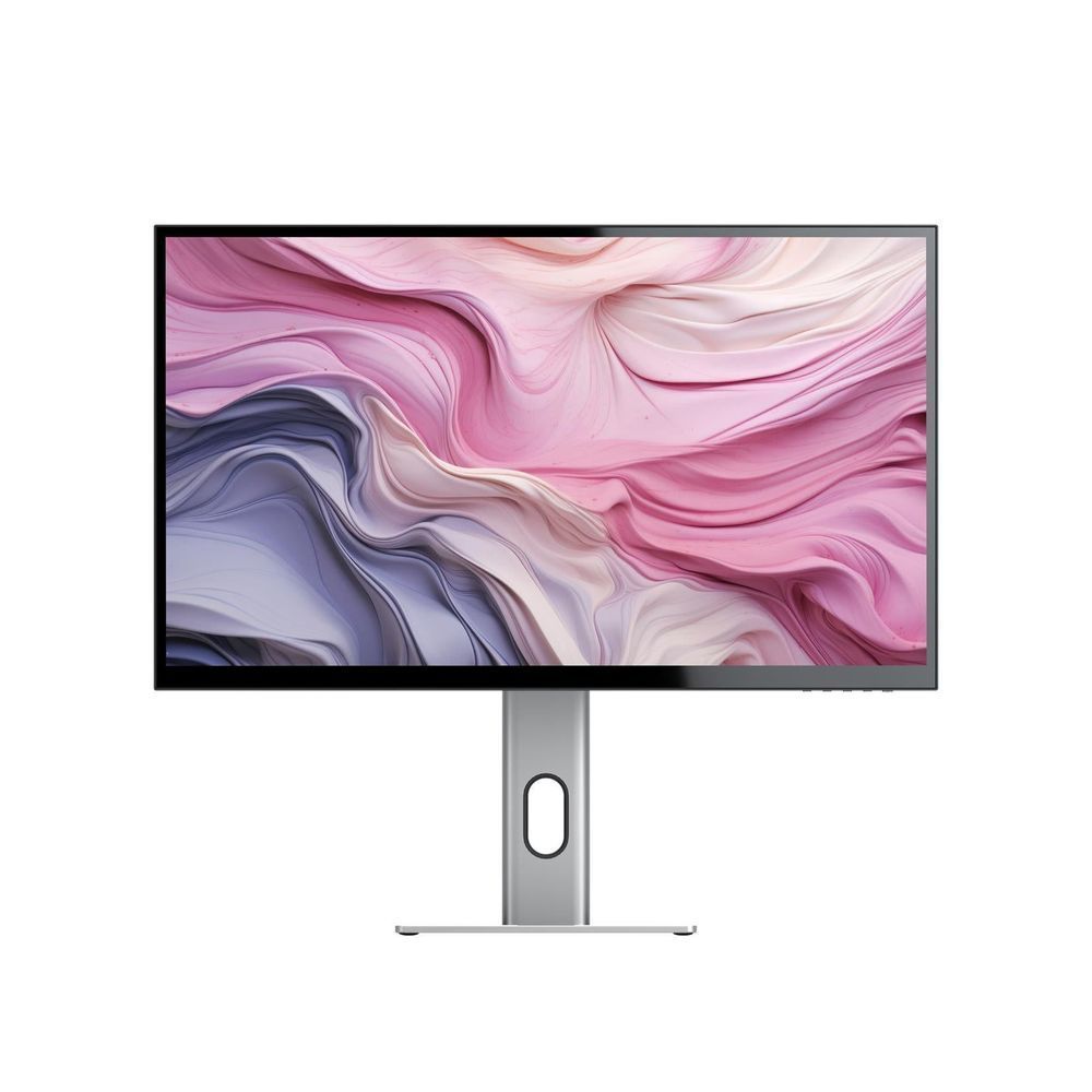 27-inch UHD 4K monitor with flat silver stand, upright screen and centered power button.