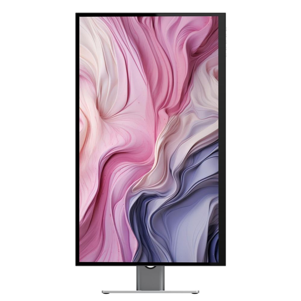 27-inch UHD monitor with thin bezel and silver stand, abstract pink and blue screen.