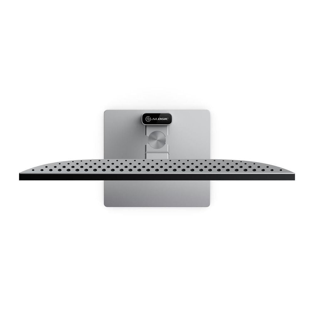 27-inch UHD monitor with gray stand and perforated base, centered mount.