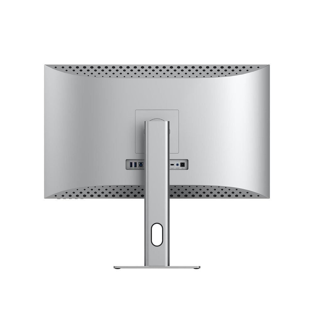 27-inch UHD monitor back view with silver stand, port panel, and perforated ventilation strip.