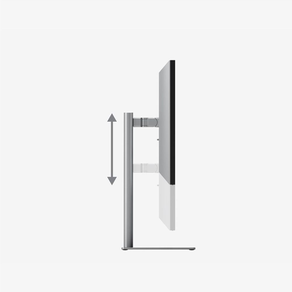 27-inch UHD monitor side view with slim profile and height/tilt adjustment, silver base.