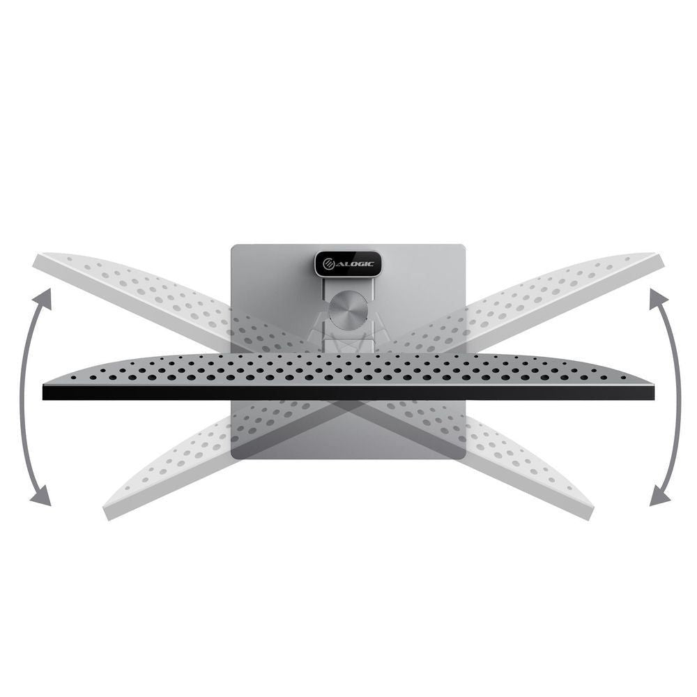 27-inch UHD monitor with adjustable stand, arrows around perforated base and mount.