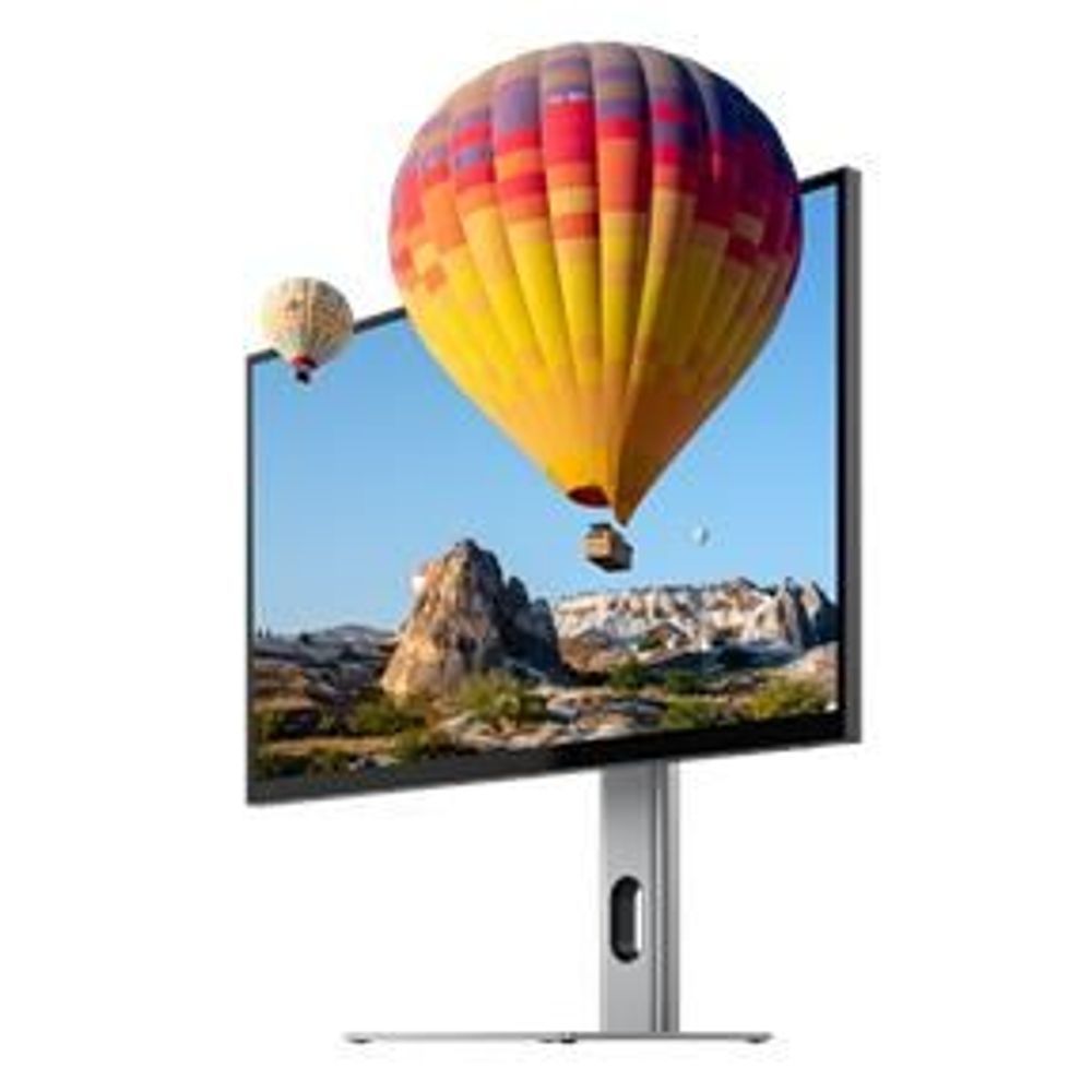 27-inch UHD monitor with silver stand, displaying hot air balloons on screen.
