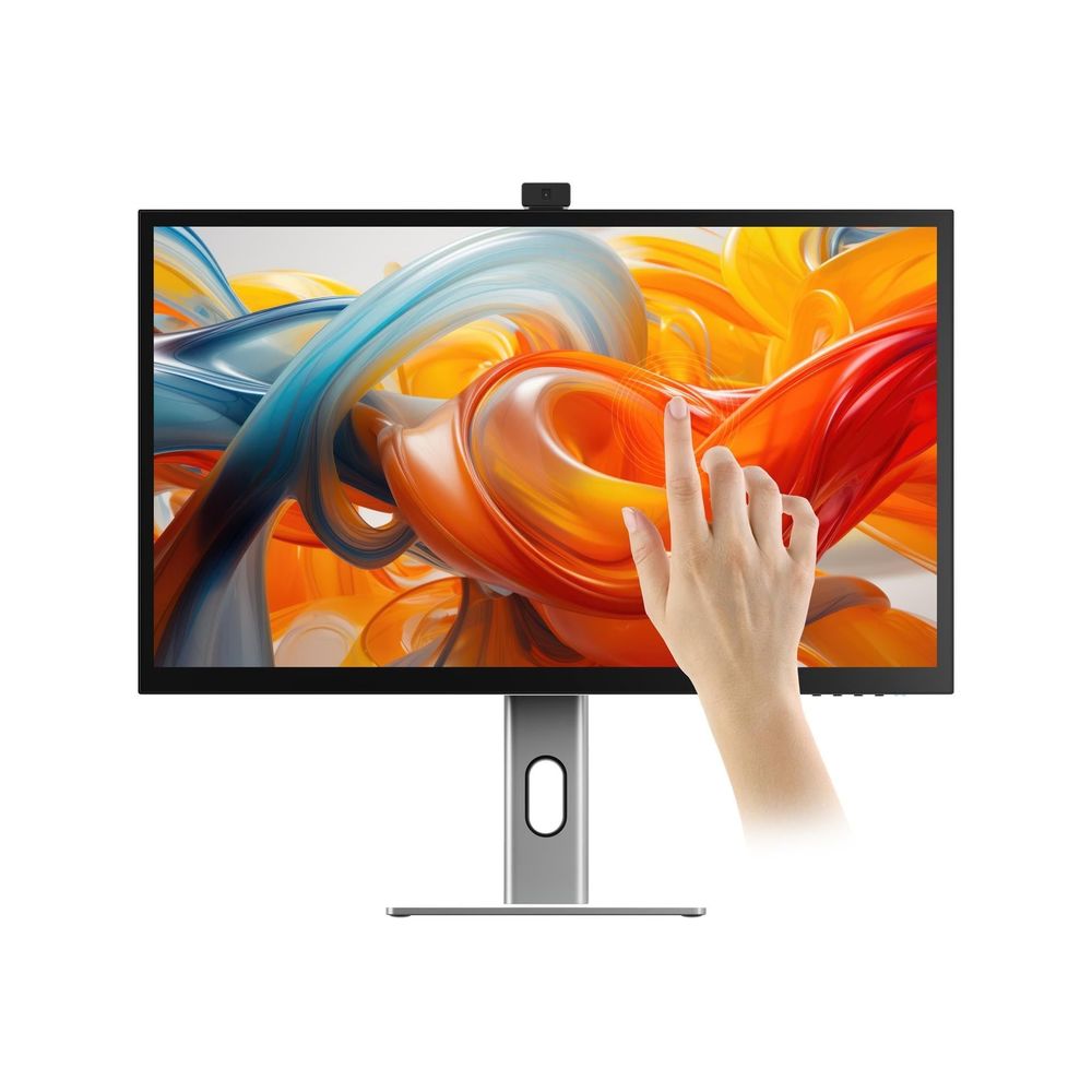 27-inch touchscreen monitor with finger touch on screen, black bezel and silver stand