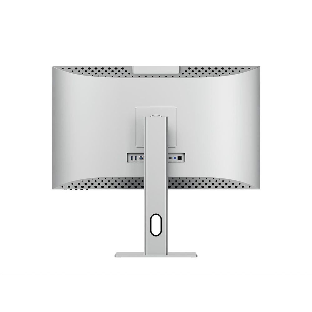 Touchscreen monitor rear view with mounting plate, ventilation holes, and silver stand