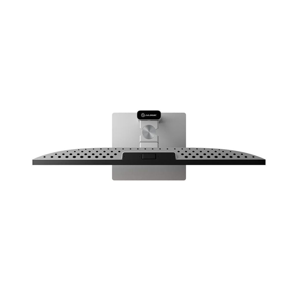 Touchscreen monitor rear view with slim base, VESA-style mount, and ventilation perforations