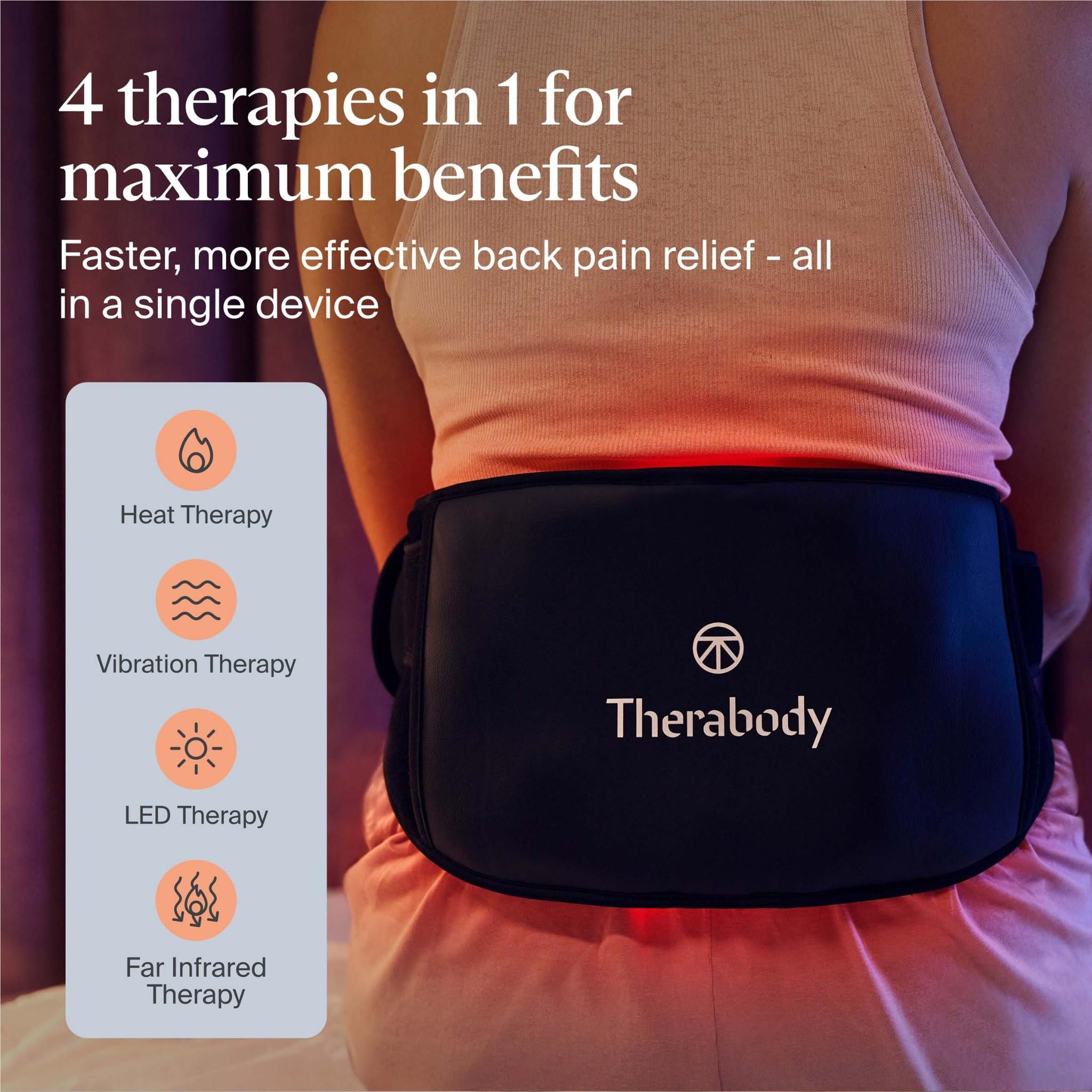 Black Therabody lower back wrap with red LED panel worn around the torso