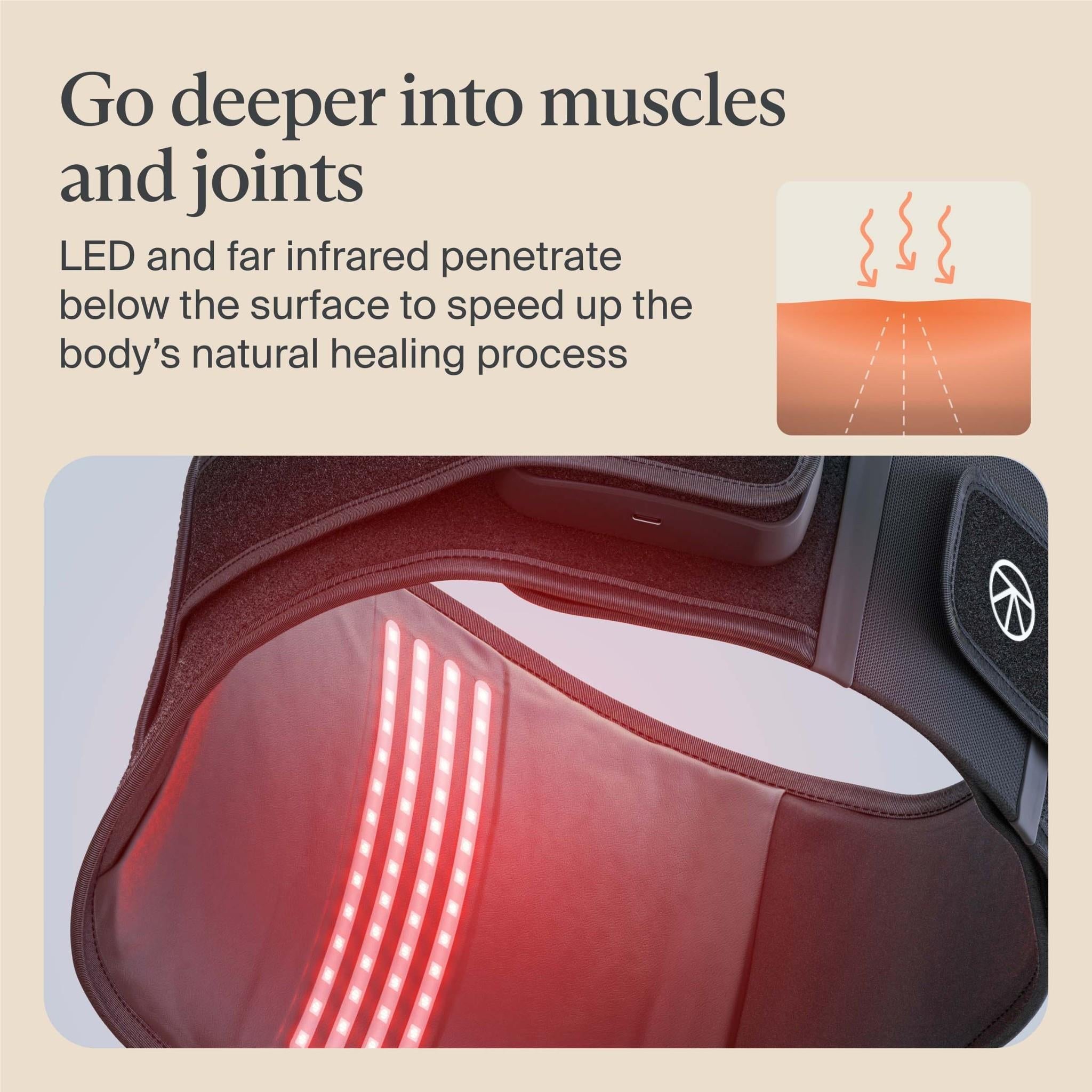 Therabody lower back wrap with red LED strip detail on the inner heating area