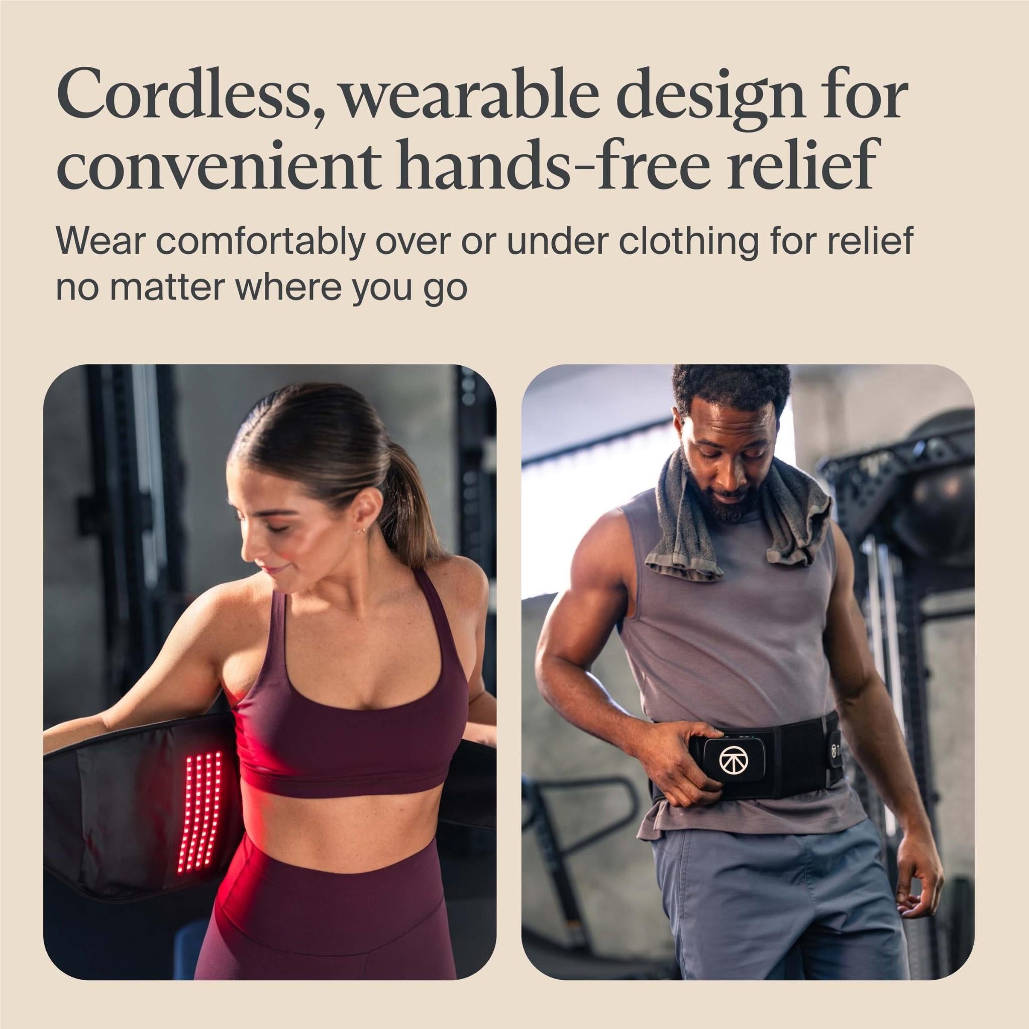 Cordless Therabody lower back heat wrap worn over clothing