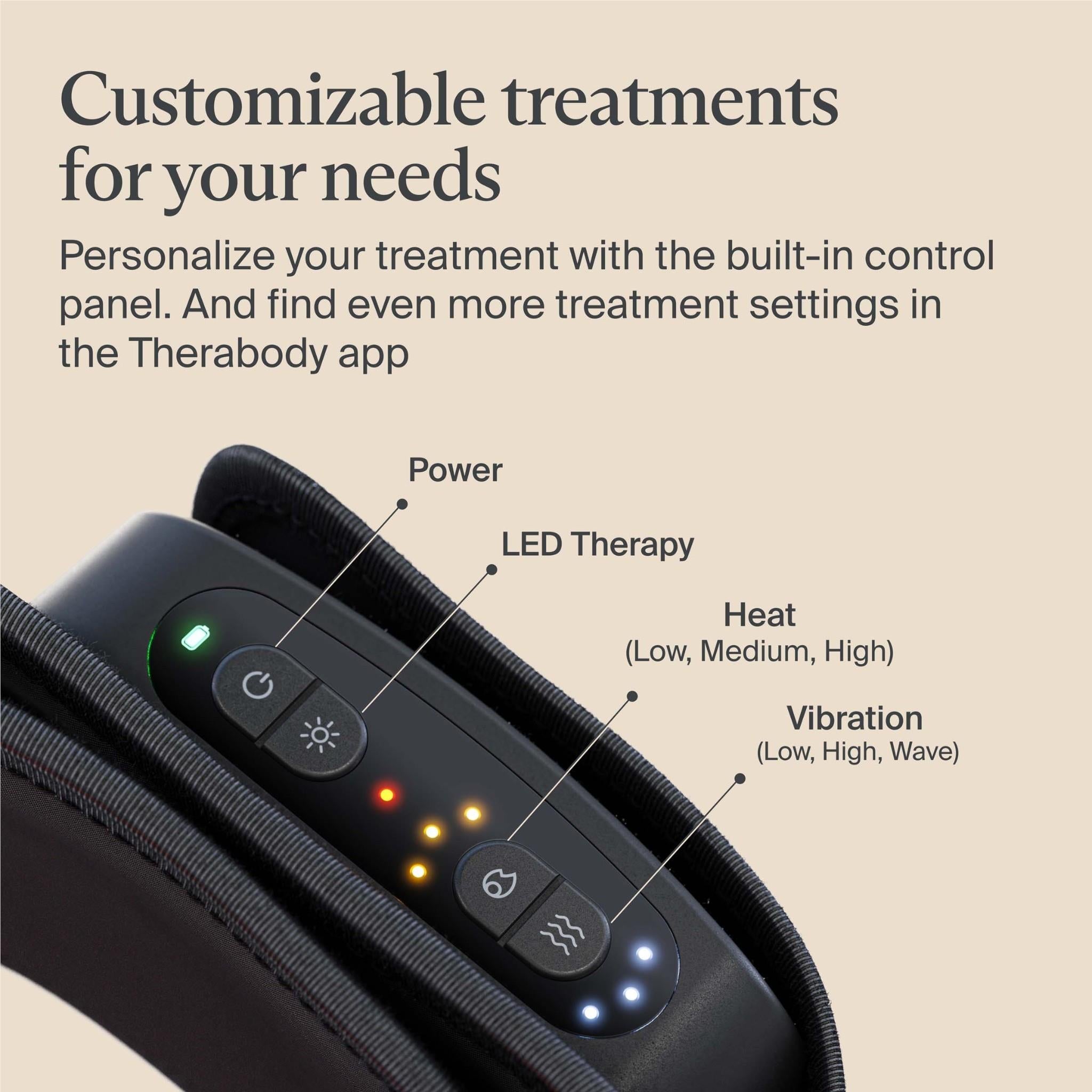 Therabody control panel on a black lower back wrap with lit mode indicators