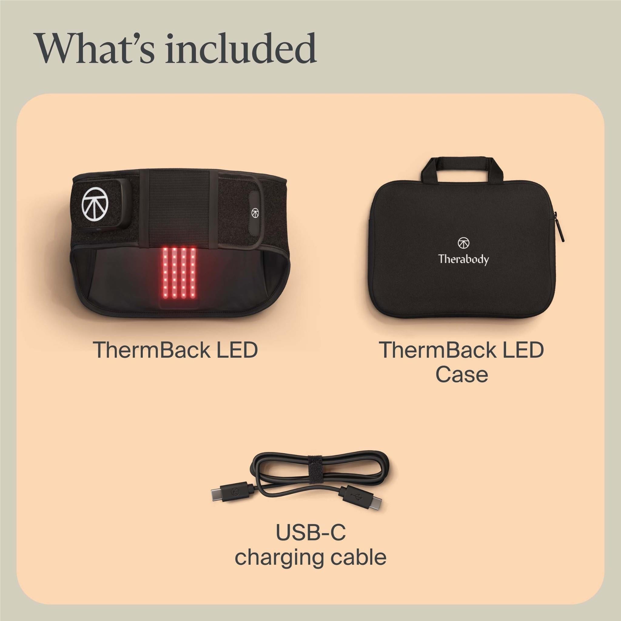 ThermBack LED lower back wrap kit: wrap, ThermBack LED case, USB-C charging cable