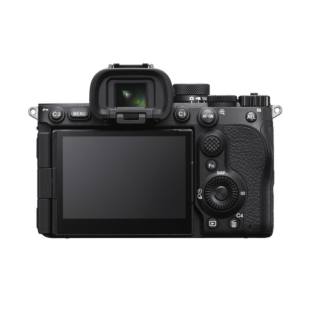 Black mirrorless camera body with rear LCD screen, dials, and control buttons