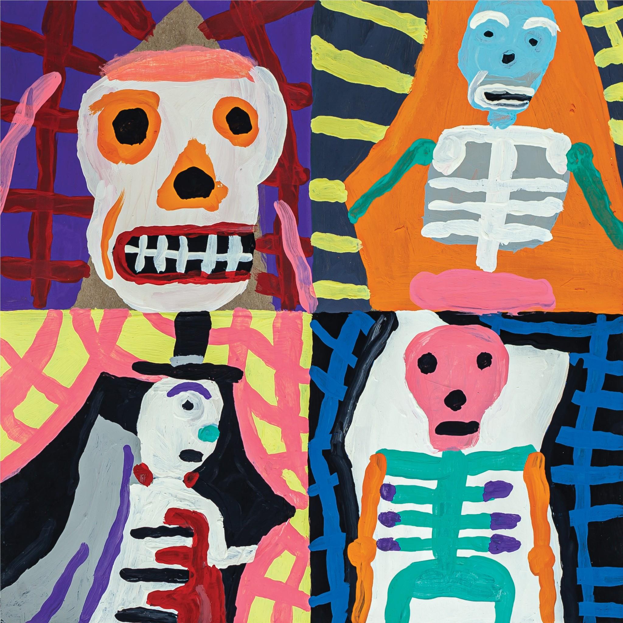 Colorful illustrated poster with cartoon dog and skull faces in bright colors