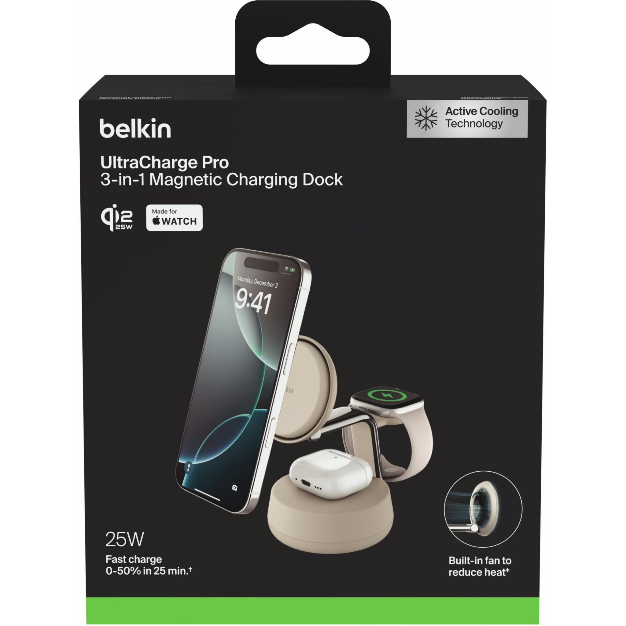 Belkin UltraCharge Pro 3-in-1 Magnetic Qi2 25W Charging Dock (Sand)