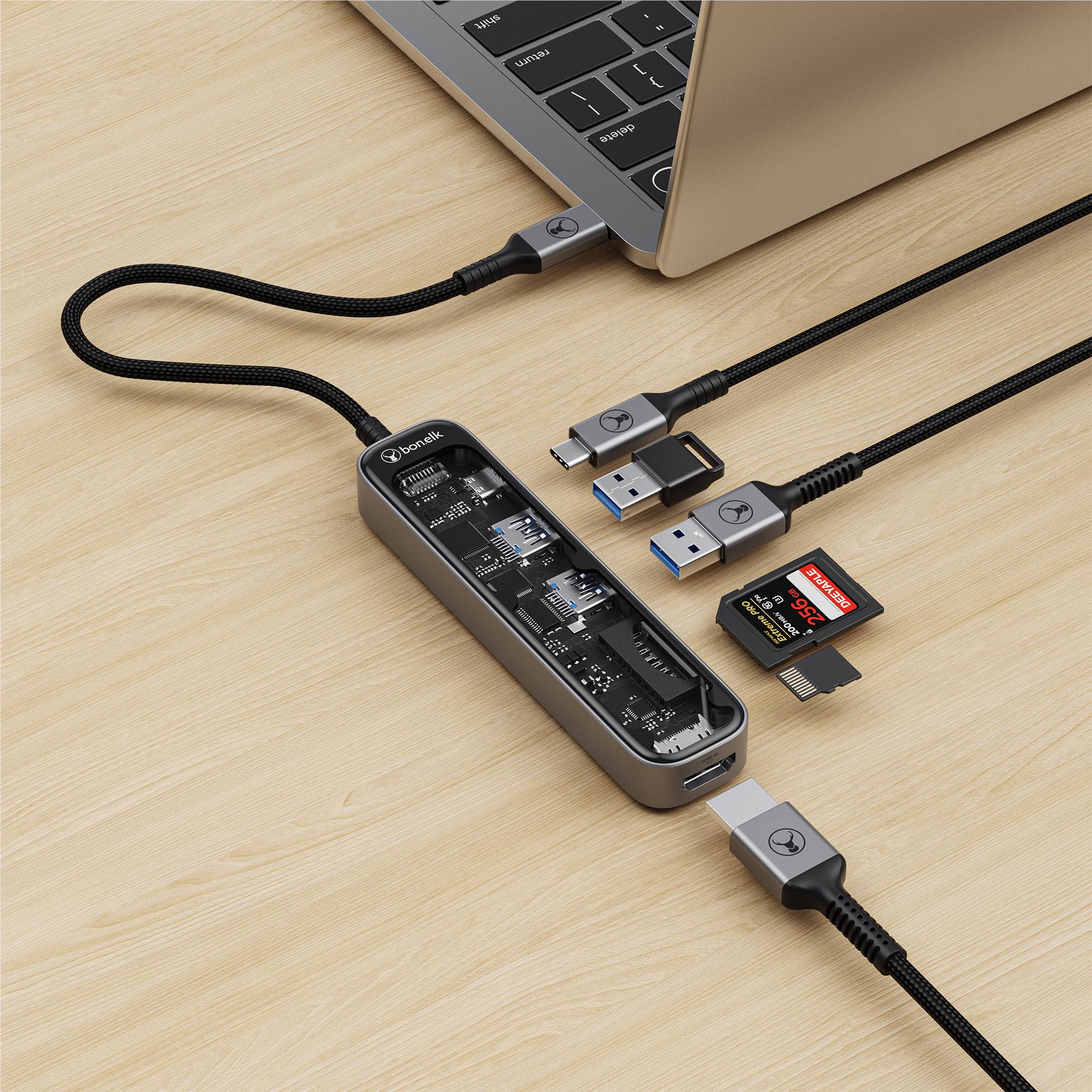 Bonelk Vision Long-Life USB-C to 6-in-1 w/Card Reader Multiport Hub (SG/Clear)