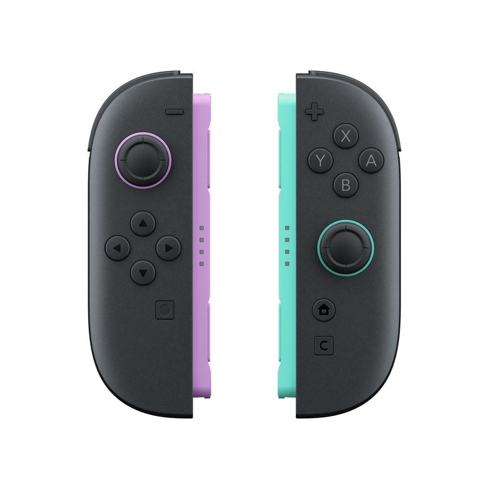 Joy-Con controllers with purple and teal side rails, black front panels