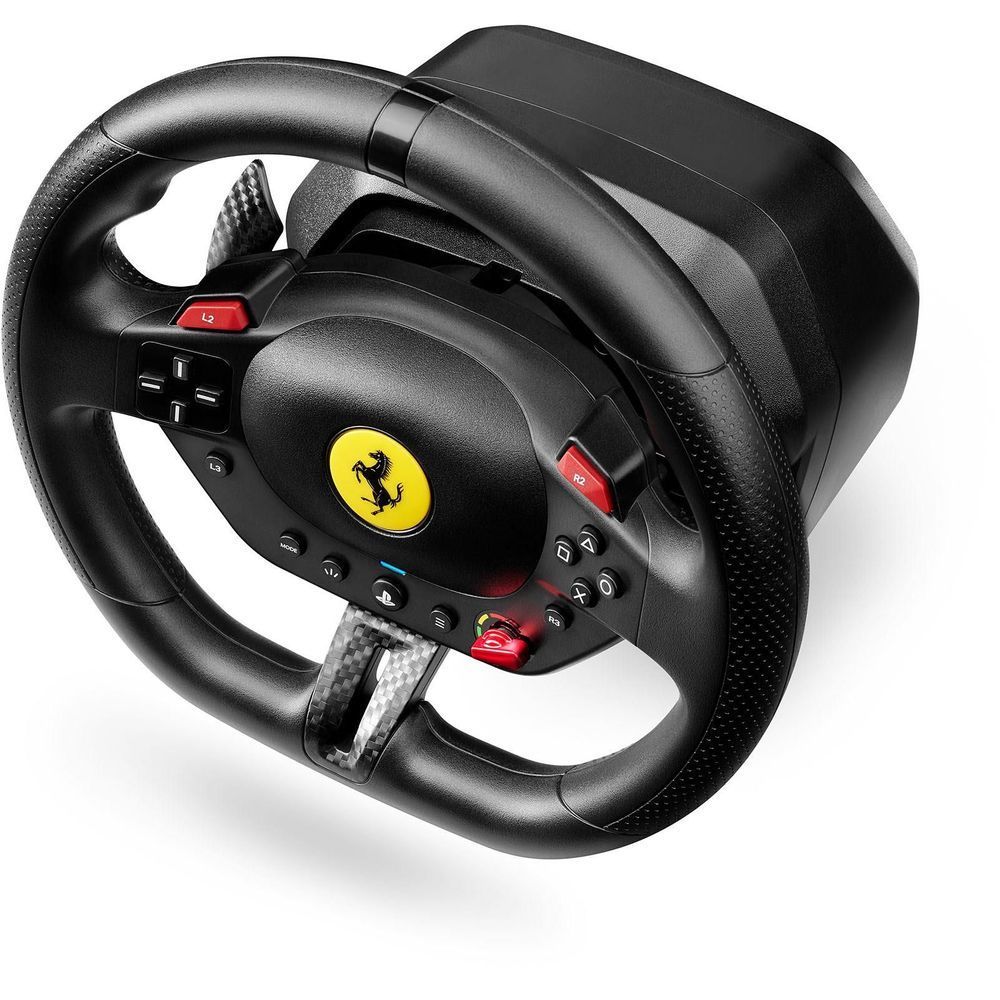 Thrustmaster racing wheel controller with Ferrari crest and carbon-texture paddle inserts