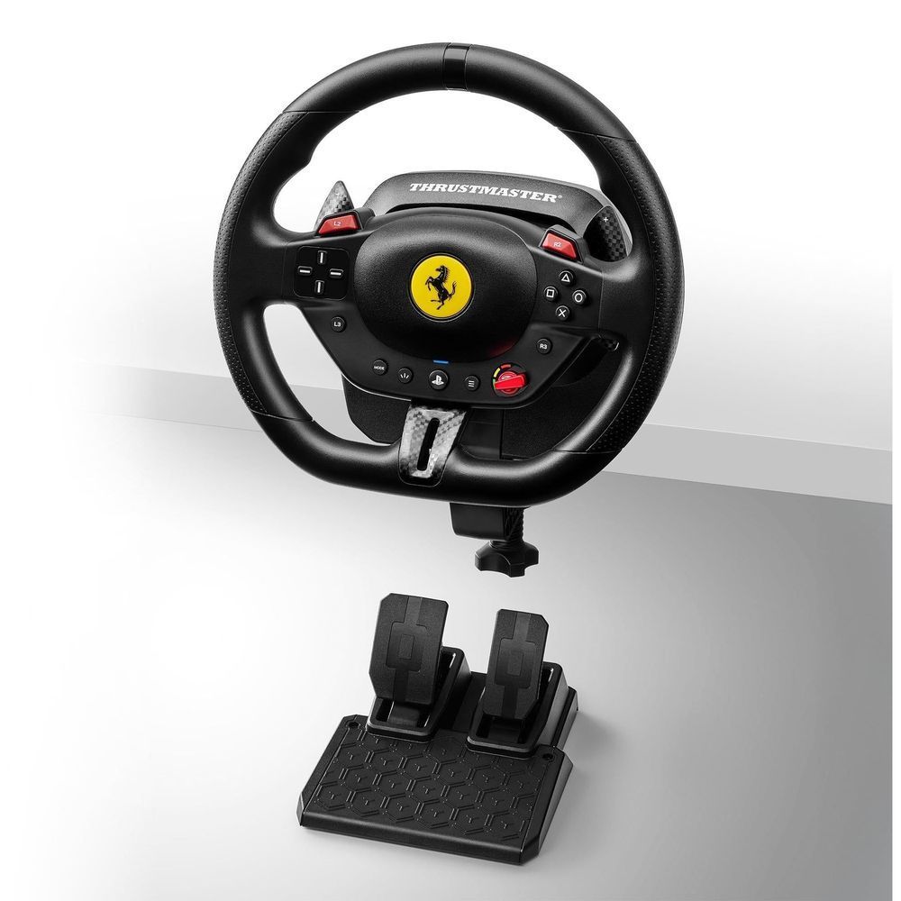 Thrustmaster racing wheel controller with Ferrari crest on detachable pedal base