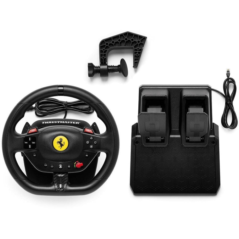 Thrustmaster racing wheel kit with black wheel, dual pedal unit, cables, and mount