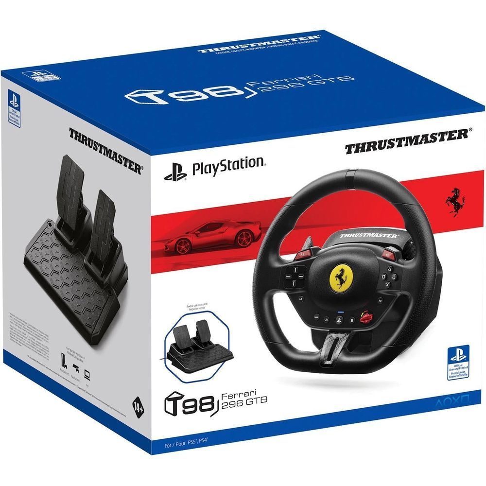 Thrustmaster racing wheel retail box featuring Ferrari 296 GTB logo for PlayStation