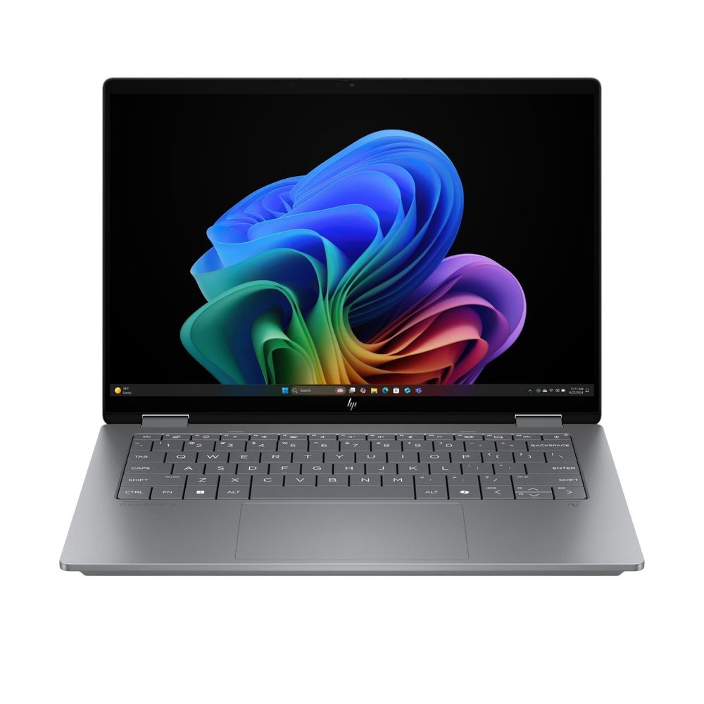 Silver 2-in-1 OLED laptop with open clamshell and backlit keyboard, front view
